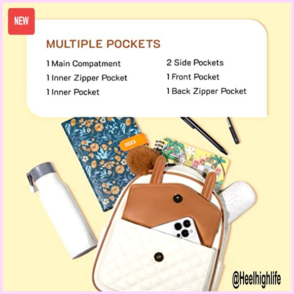 Mini PU Leather Backpack with Pompom, 7 Pockets, Waterproof Daypack main image 4